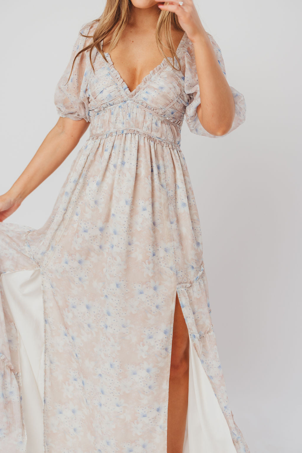 Daphne Maxi Dress in Beige/Blue Floral - Bump Friendly
