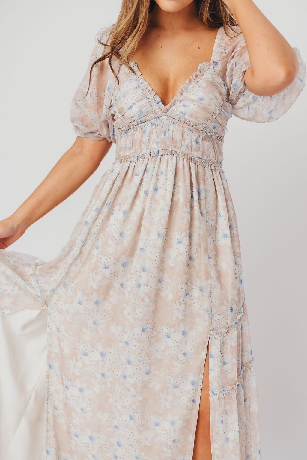 Daphne Maxi Dress in Beige/Blue Floral - Bump Friendly