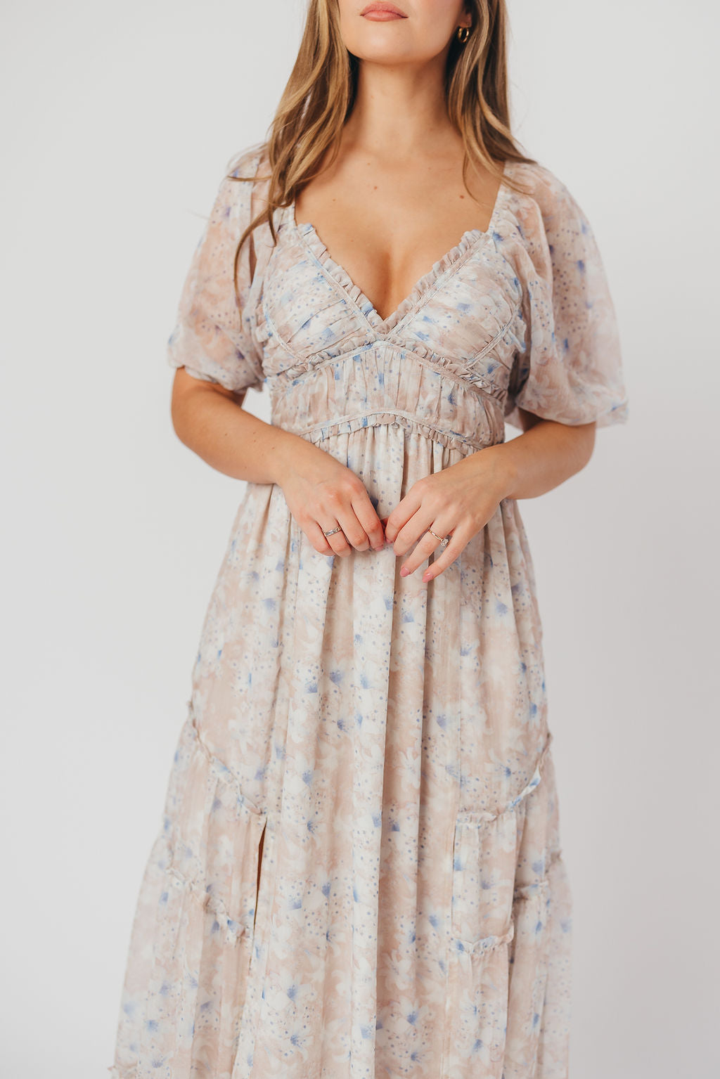 Daphne Maxi Dress in Beige/Blue Floral - Bump Friendly