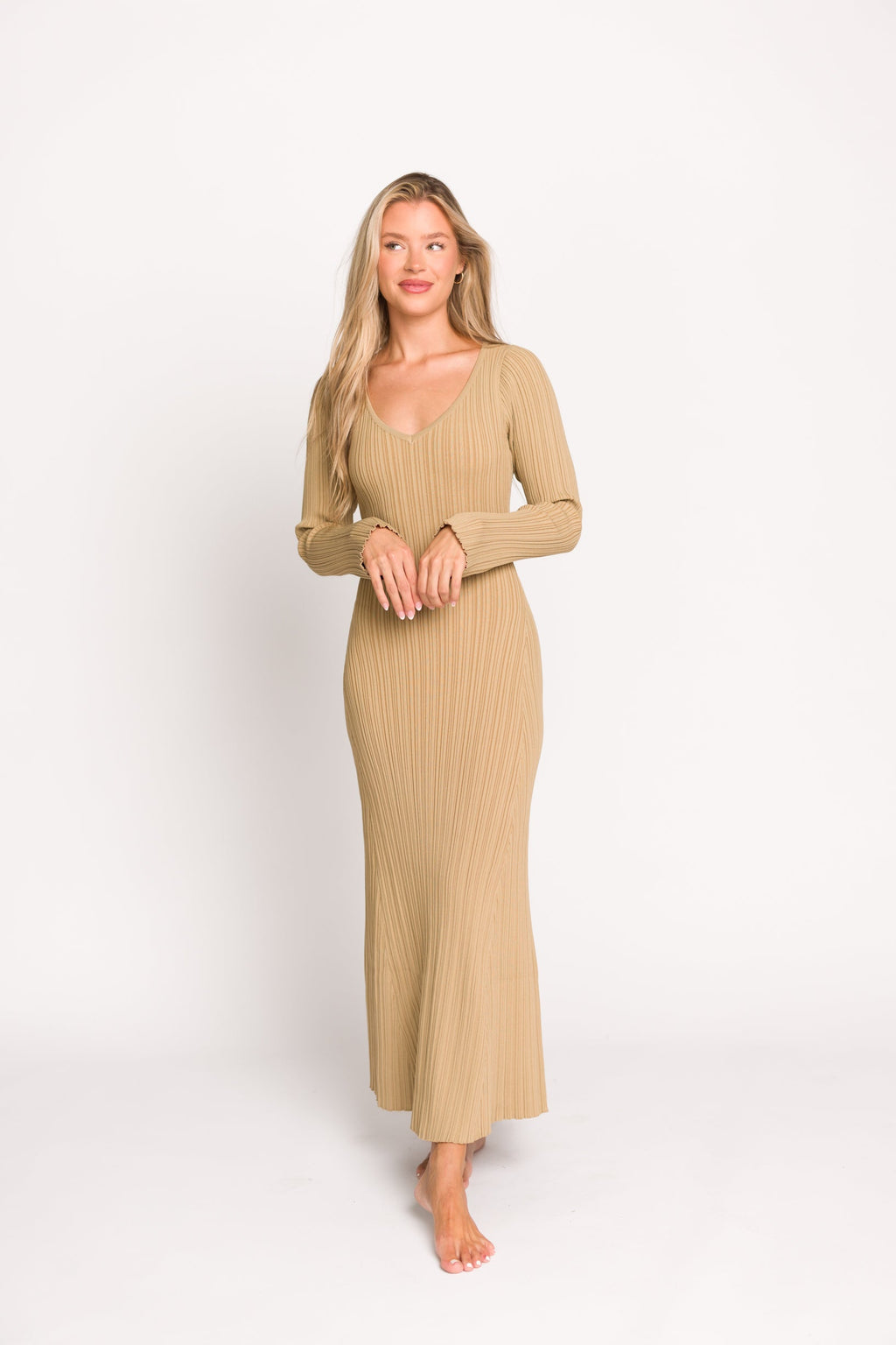 Keaton Knit Maxi Dress with V-Neckline in Beige *Final Sale*