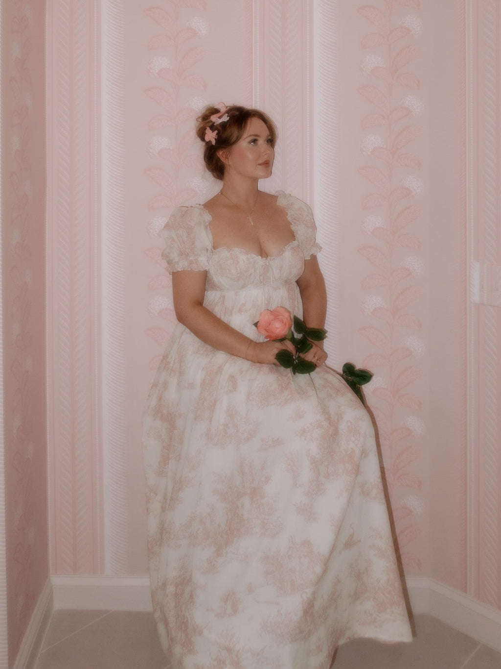 Olivia 100% Cotton Maxi Dress in Pink Toile - Bump Friendly