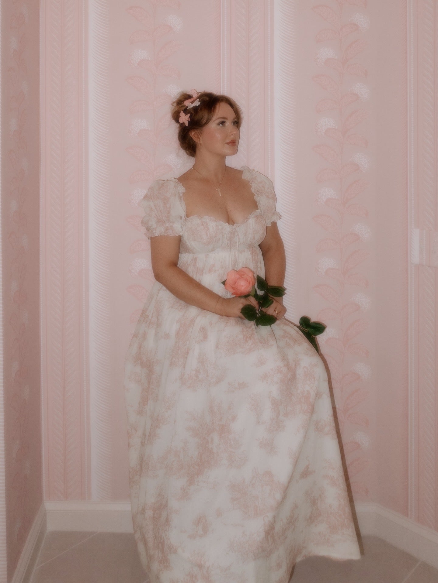 Olivia 100% Cotton Maxi Dress in Pink Toile - Bump Friendly