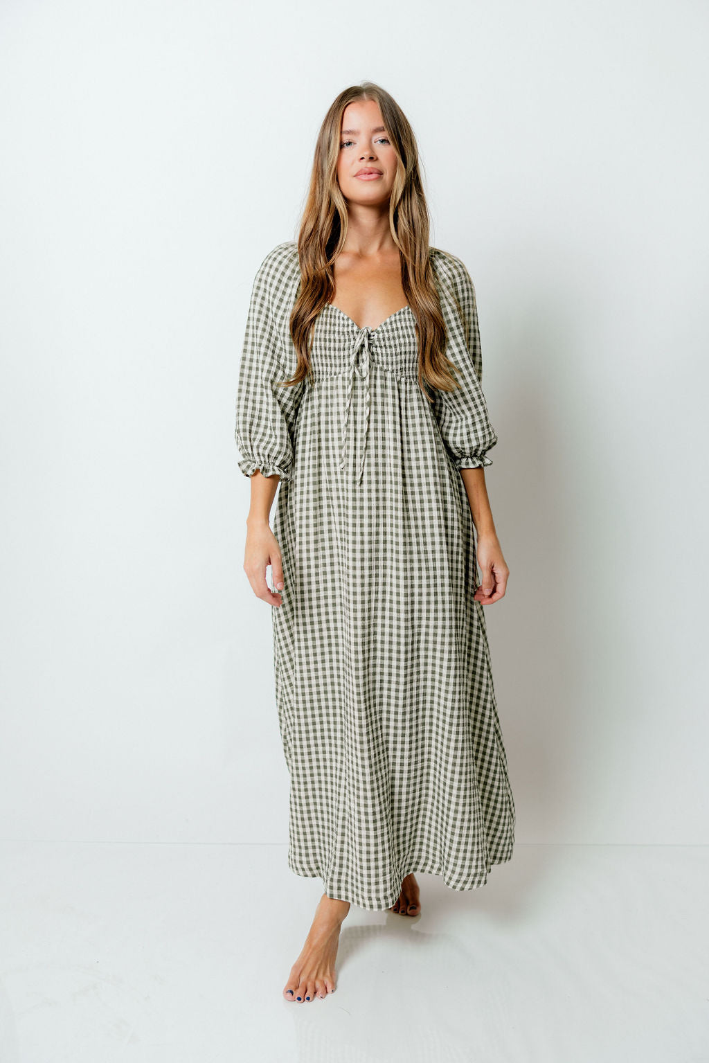 Cecilia 100% Cotton Smocked Maxi Dress in Forest Plaid (Lined) - Bump Friendly