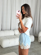 Eva Satin Lace Shorts in Blue