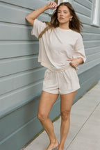 Lynn Premium Fleece Short Sleeve Top in Cream/Grey Striped