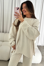 Naomi Striped Oversized Fleece Long Sleeve Top in Ivory - Bump Friendly