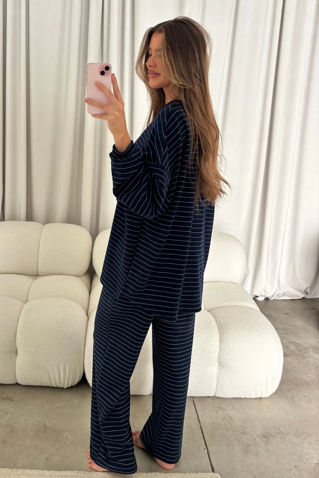 Campbell Striped Fleece Lounge Pants in Navy