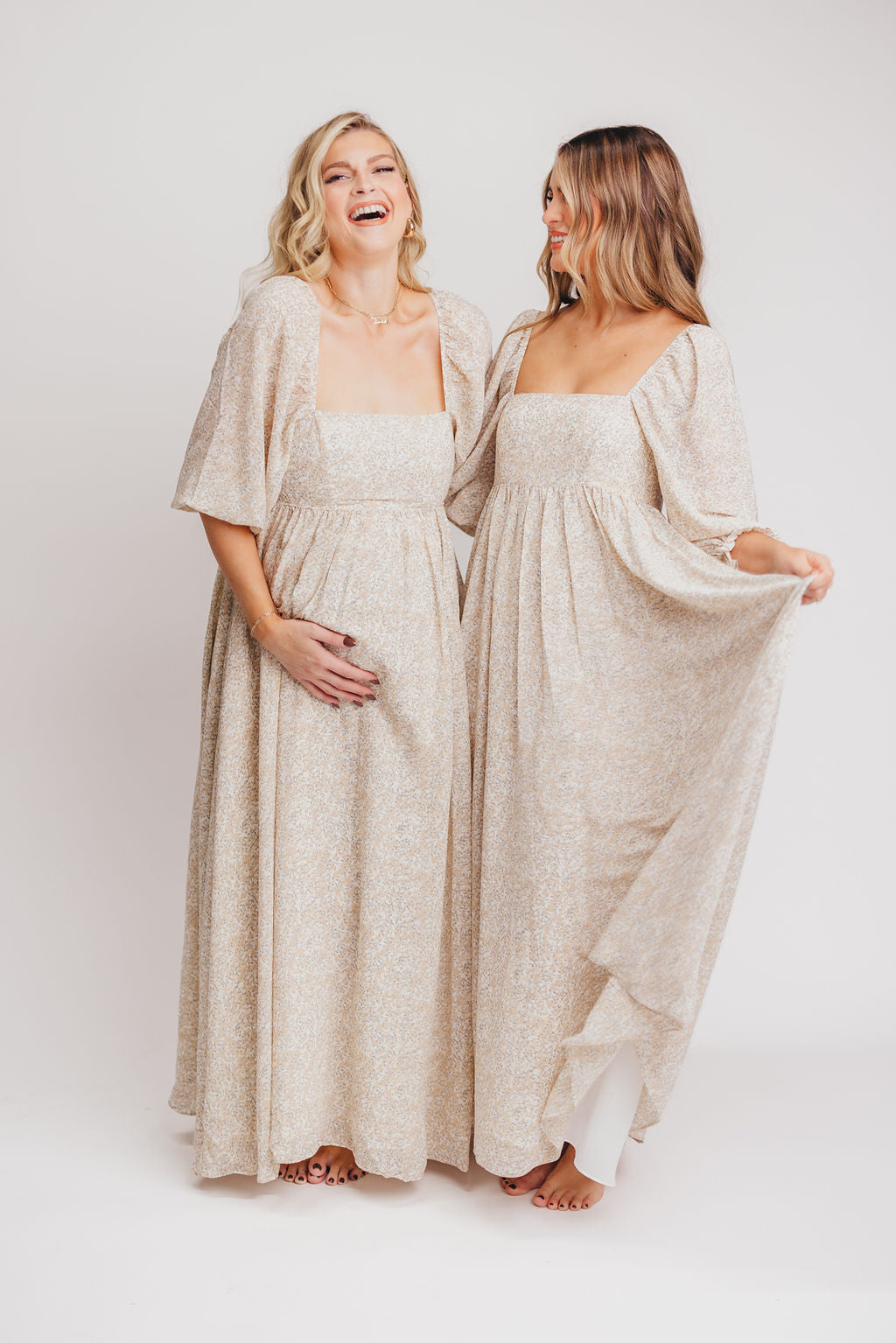 Mona 'Love Story' Maxi Dress in Beige - Bump Friendly and Inclusive Sizing