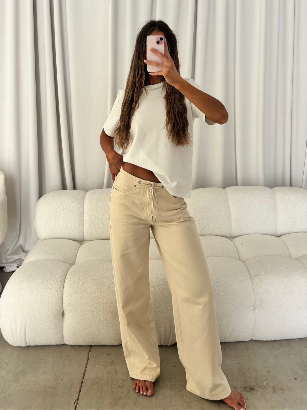 Lia Drawstring Wide Leg Pants in Stone