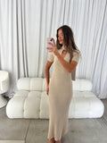 Rebecca Bow Detail Rib-Knit Maxi Dress in Oatmeal