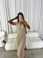 Rebecca Bow Detail Rib-Knit Maxi Dress in Oatmeal