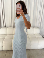 Rebecca Bow Detail Rib-Knit Maxi Dress in Sky