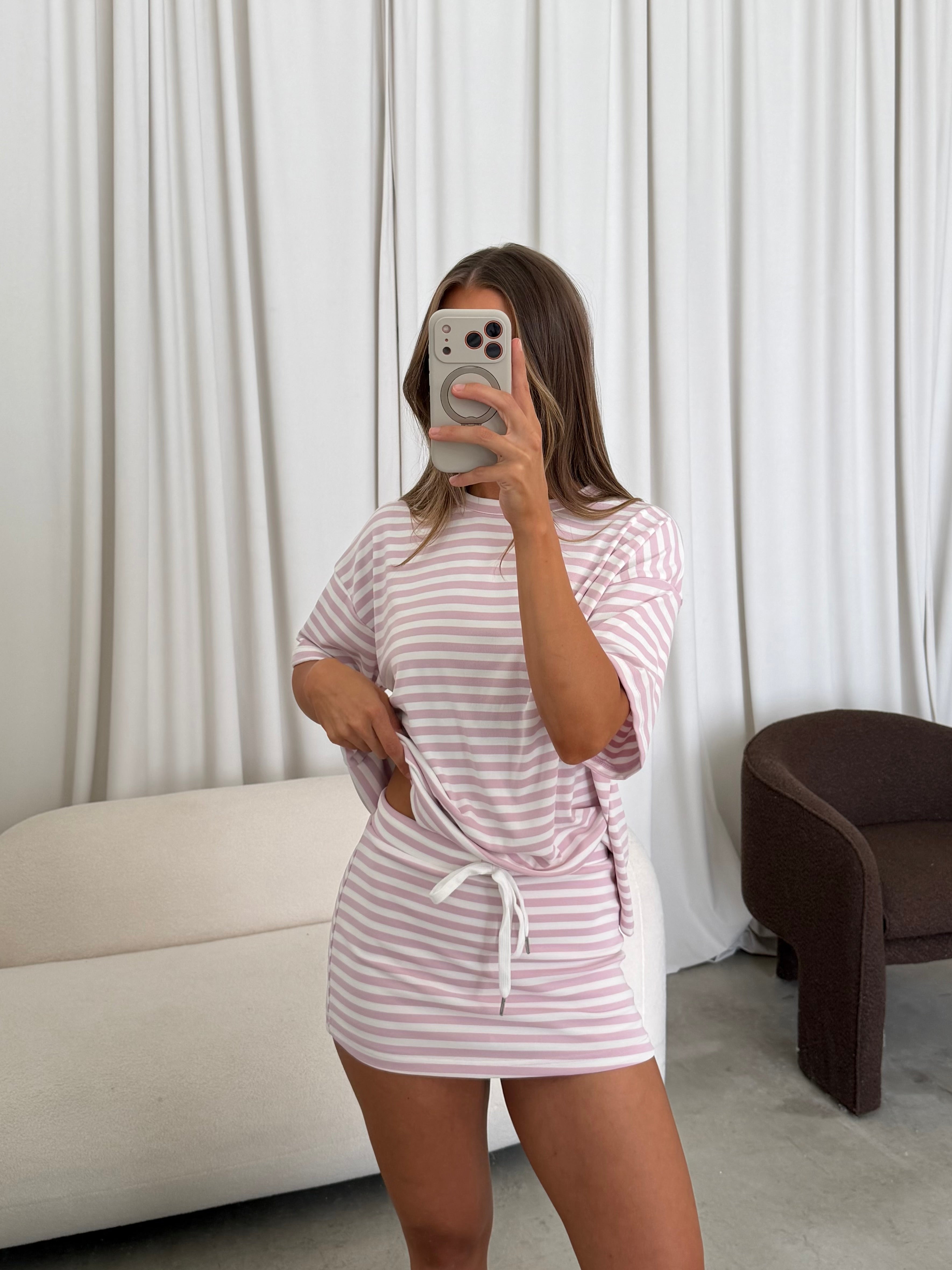 Jess Skort Set in Light Pink/White Stripe