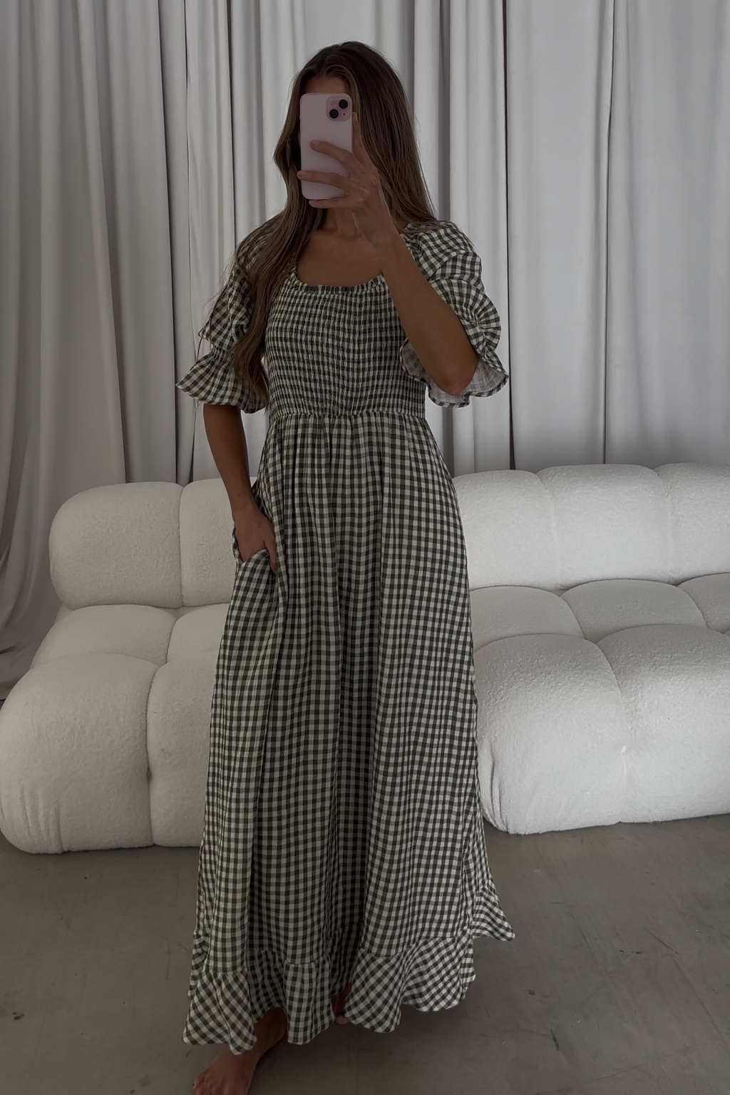 Sienna 100% Cotton Puff Sleeve Maxi Dress in Forest Plaid (Lined) - Bump Friendly