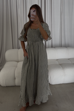 Sienna 100% Cotton Puff Sleeve Maxi Dress in Forest Plaid (Lined) - Bump Friendly
