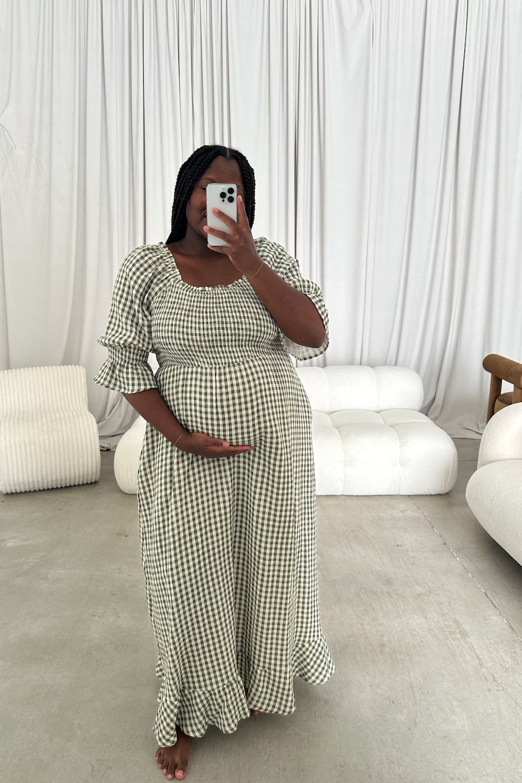 Sienna 100% Cotton Puff Sleeve Maxi Dress in Forest Plaid (Lined) - Bump Friendly