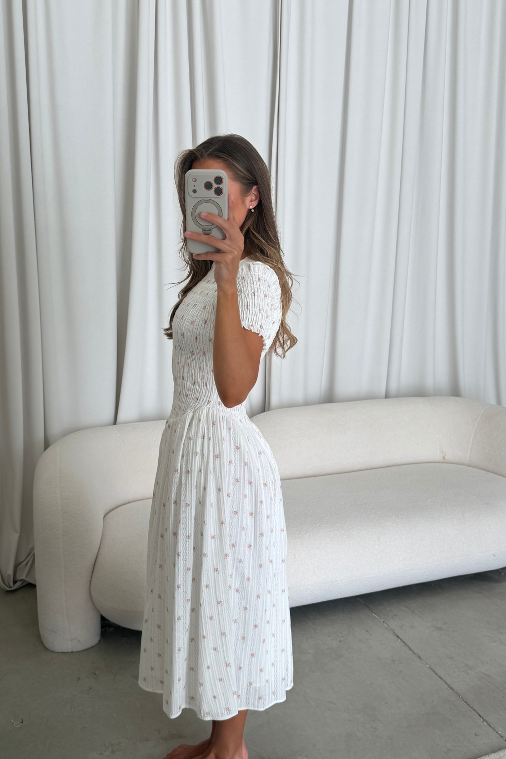 Bianca 100% Cotton Smocked Floral Midi Dress in Off-White *6/18 PRE-ORDER*