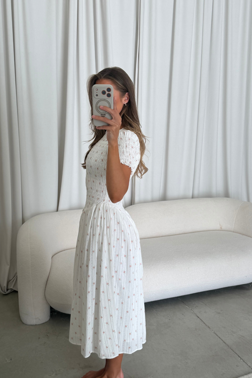 Bianca 100% Cotton Smocked Floral Midi Dress in Off-White *6/18 PRE-ORDER*