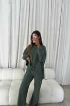 Naomi Striped Fleece Oversized Long Sleeve Top in Forest Green