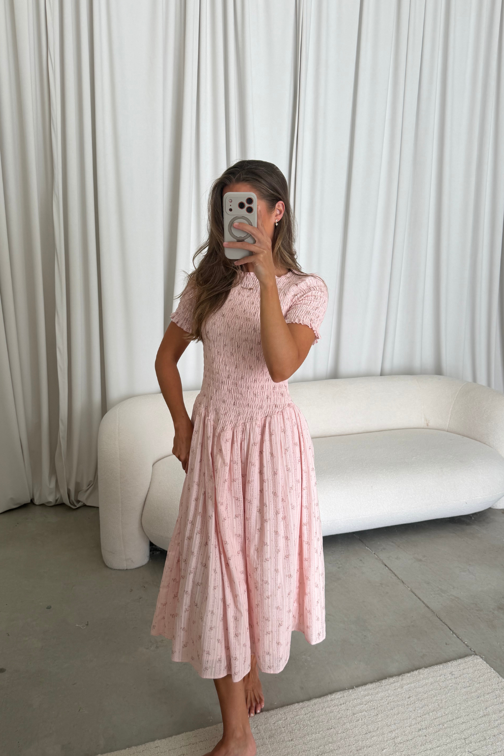 Bianca 100% Cotton Smocked Floral Midi Dress in Light Pink *6/18 PRE-ORDER*