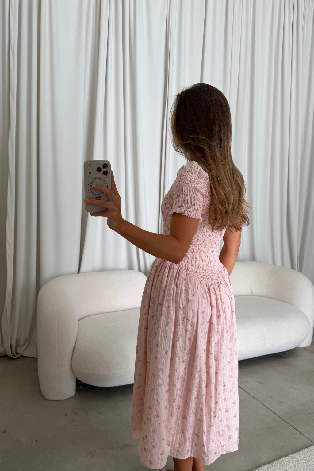 Bianca 100% Cotton Smocked Floral Midi Dress in Light Pink *6/18 PRE-ORDER*