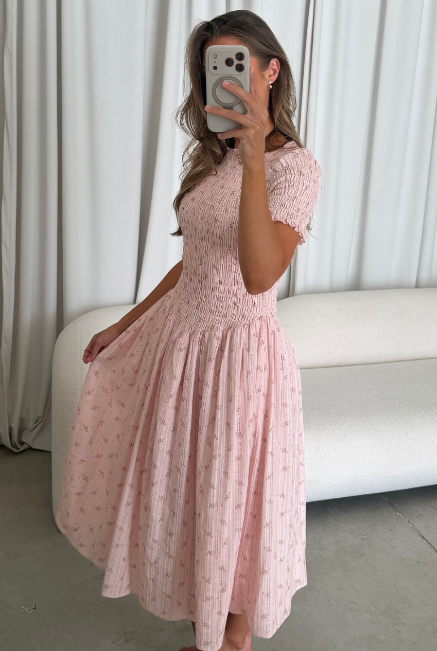 Bianca 100% Cotton Smocked Floral Midi Dress in Light Pink *6/18 PRE-ORDER*