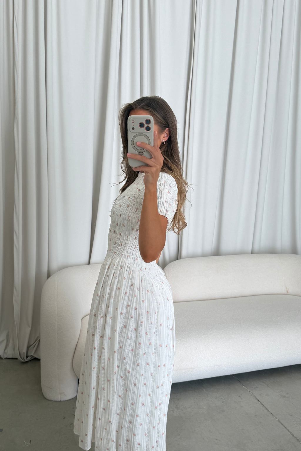 Bianca 100% Cotton Smocked Floral Midi Dress in Off-White *6/18 PRE-ORDER*