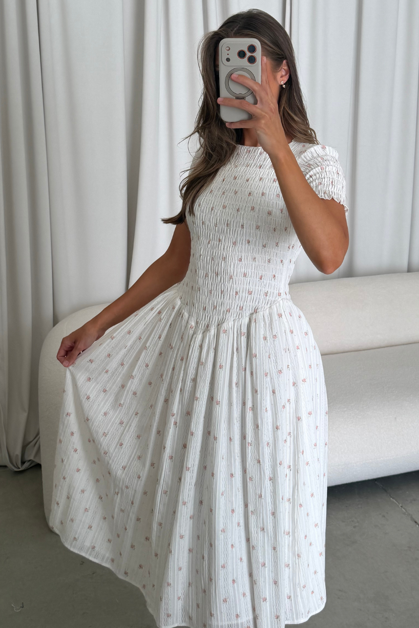 Bianca 100% Cotton Smocked Floral Midi Dress in Off-White *6/18 PRE-ORDER*