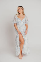 Daphne High Slit Eyelet Detail Maxi Dress in Blue/White Floral - Inclusive Sizing