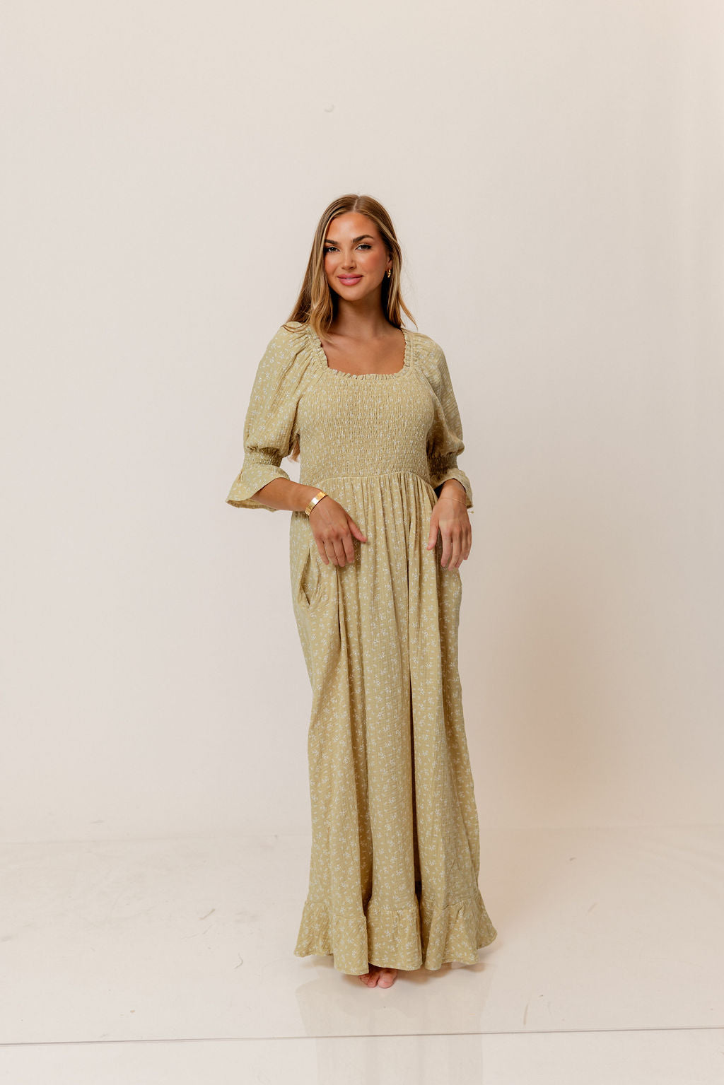 Sienna 100% Cotton Puff Sleeve Maxi Dress in Green Haze Foliage - Bump Friendly