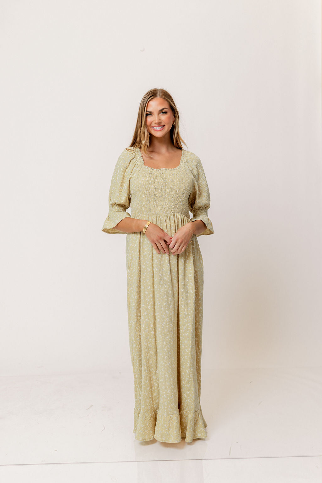 Sienna 100% Cotton Puff Sleeve Maxi Dress in Green Haze Foliage - Bump Friendly