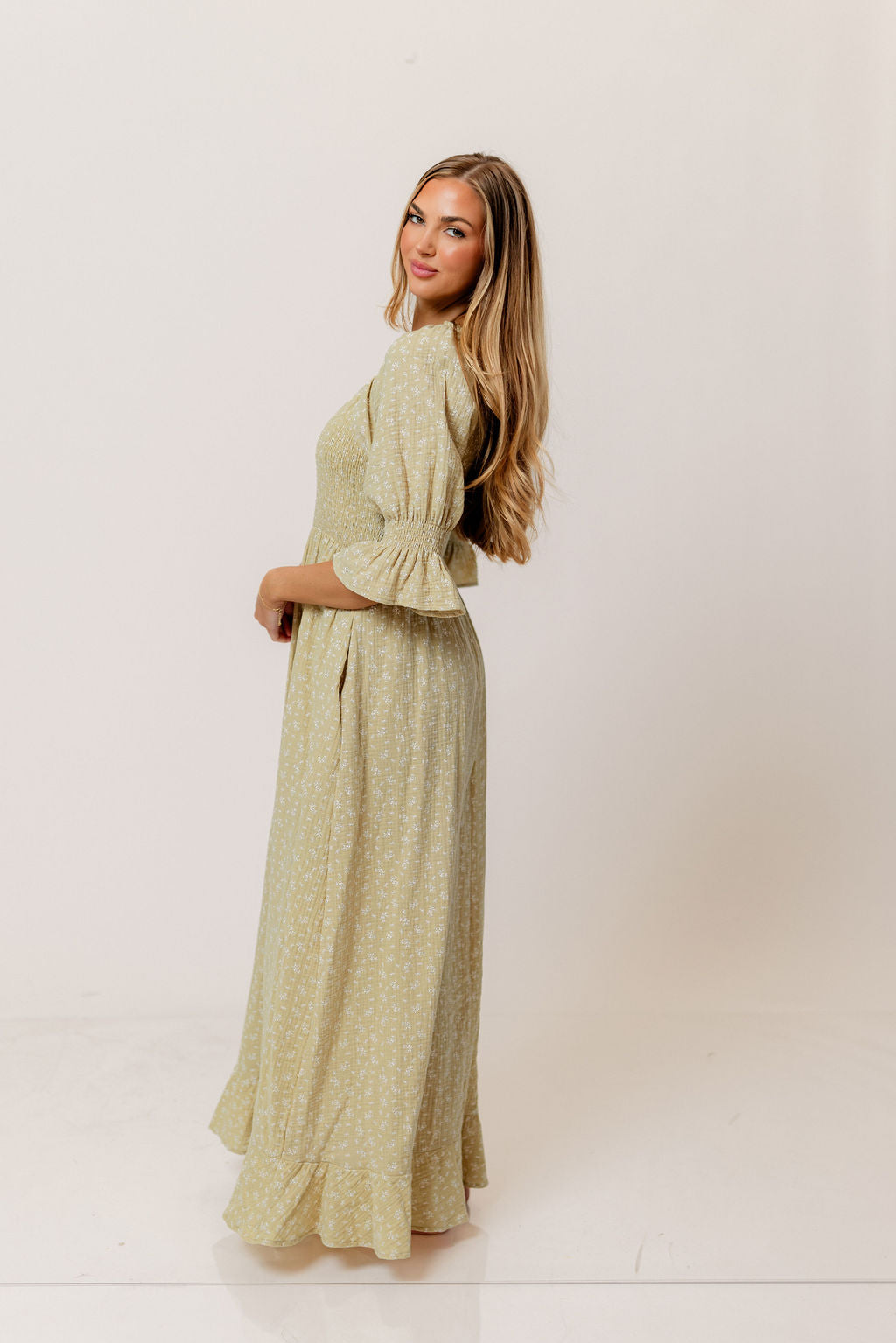 Sienna 100% Cotton Puff Sleeve Maxi Dress in Green Haze Foliage - Bump Friendly