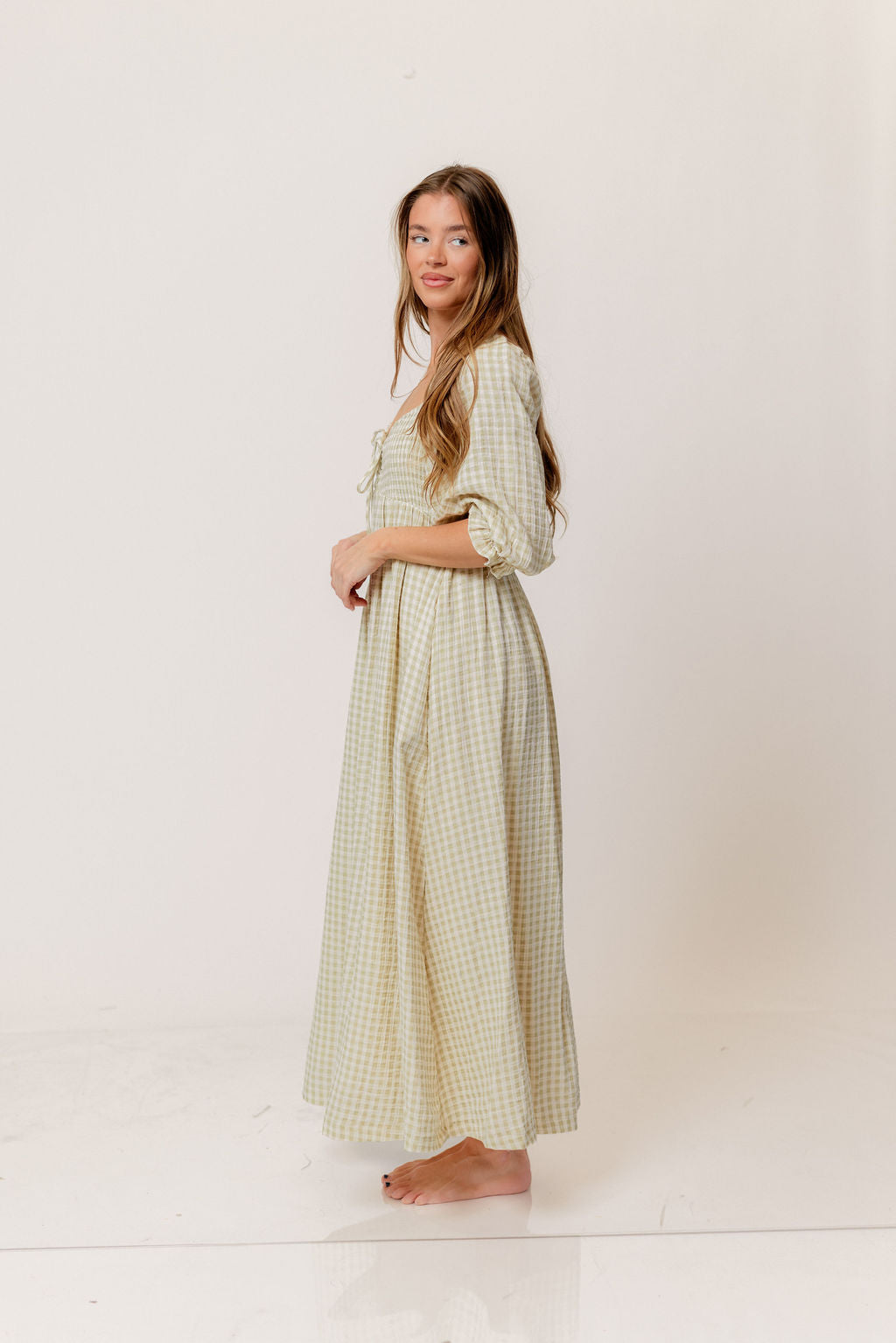 Cecilia 100% Cotton Smocked Maxi Dress in Green Haze Plaid (Lined) - Bump Friendly