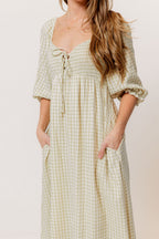 Cecilia 100% Cotton Smocked Maxi Dress in Green Haze Plaid (Lined) - Bump Friendly