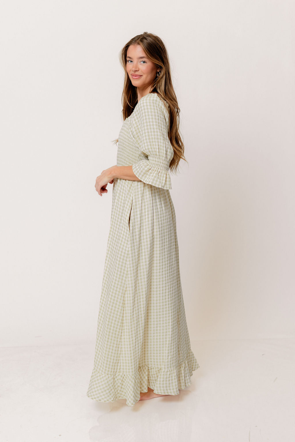 Sienna 100% Cotton Puff Sleeve Maxi Dress in Green Haze Plaid (Lined) - Bump Friendly