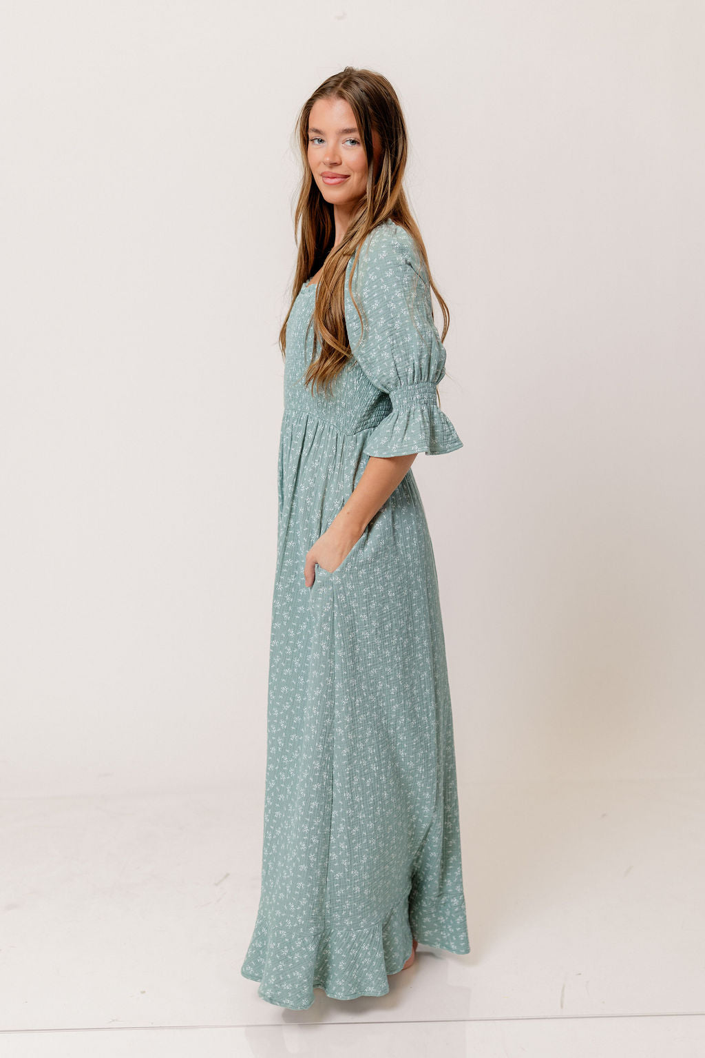 Sienna 100% Cotton Puff Sleeve Maxi Dress in Aqua Foliage - Bump Friendly