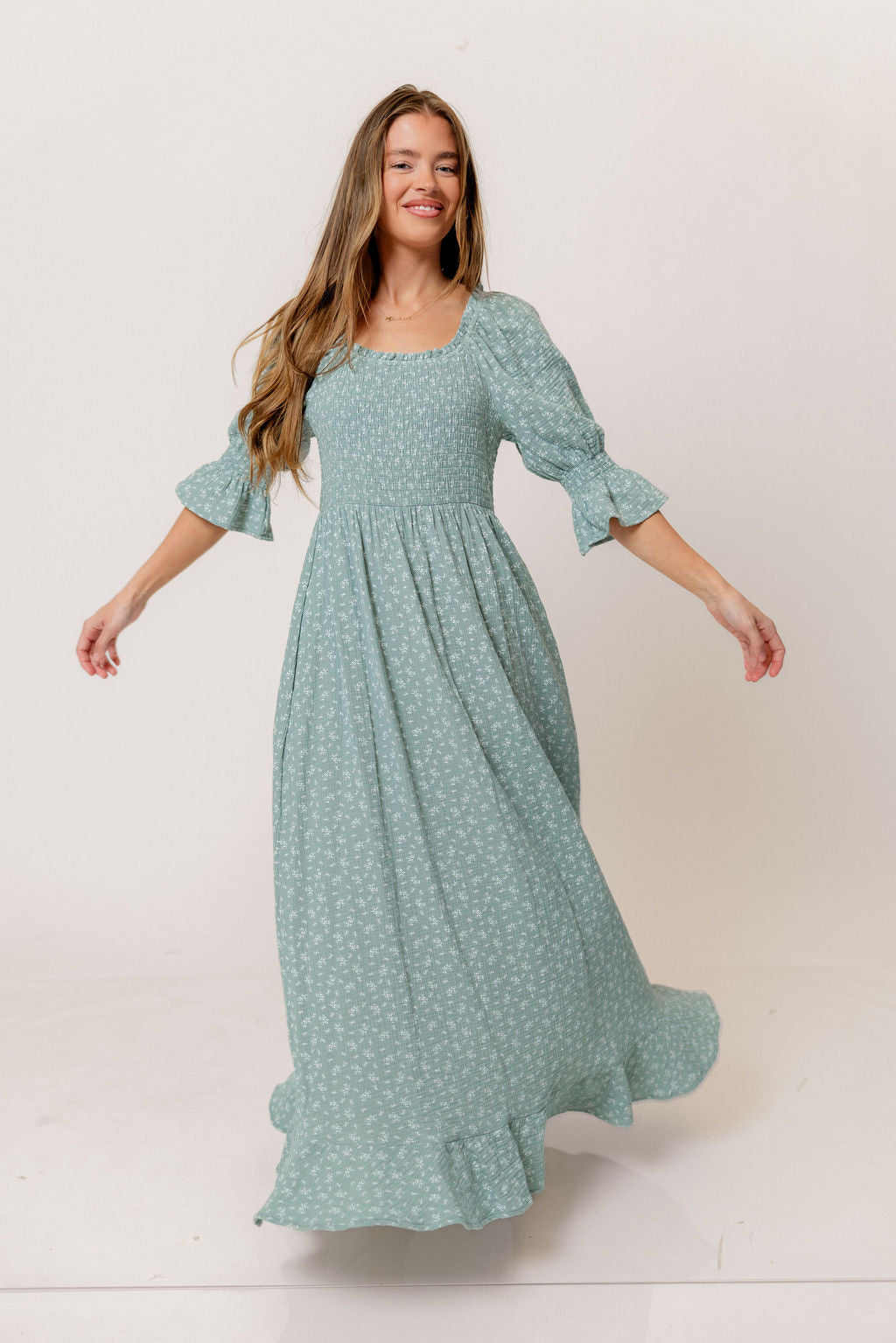 Sienna 100% Cotton Puff Sleeve Maxi Dress in Aqua Foliage - Bump Friendly