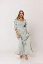 Sienna 100% Cotton Puff Sleeve Maxi Dress in Aqua Plaid (Lined) - Bump Friendly