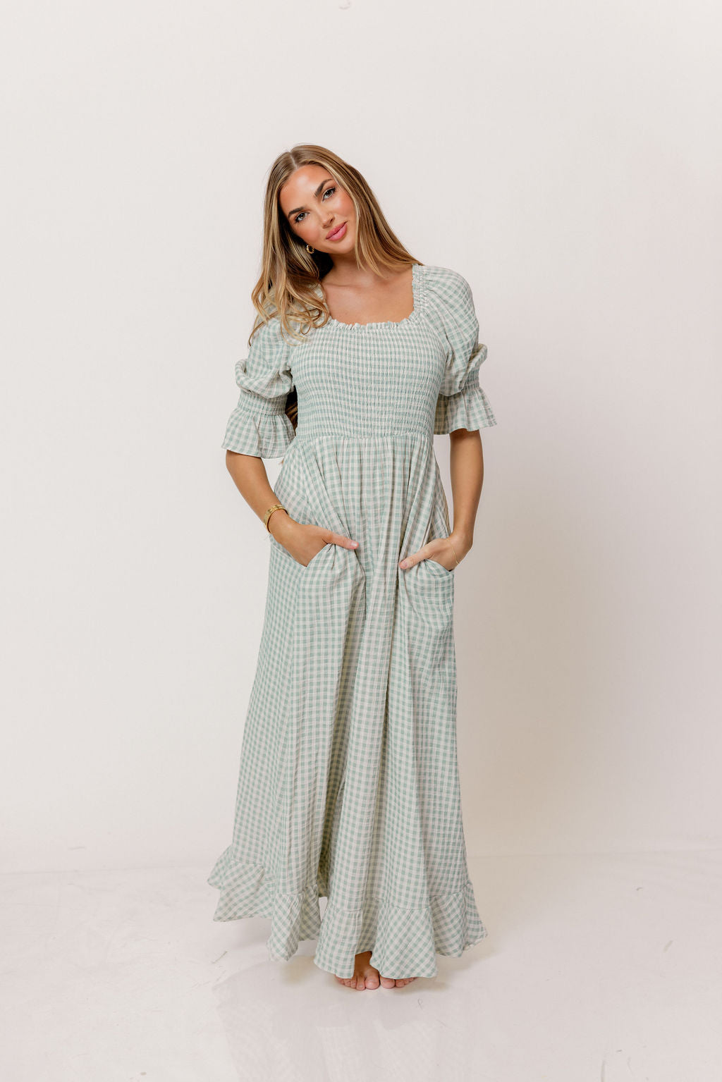 Sienna 100% Cotton Puff Sleeve Maxi Dress in Aqua Plaid (Lined) - Bump Friendly