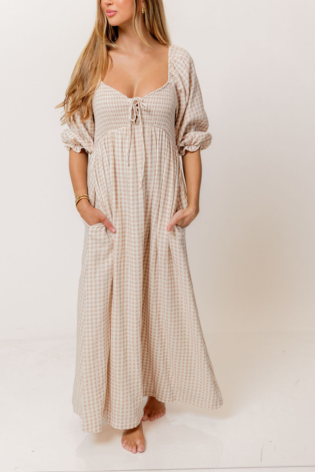 Cecilia 100% Cotton Smocked Maxi Dress in Rose Plaid (Lined) - Bump Friendly