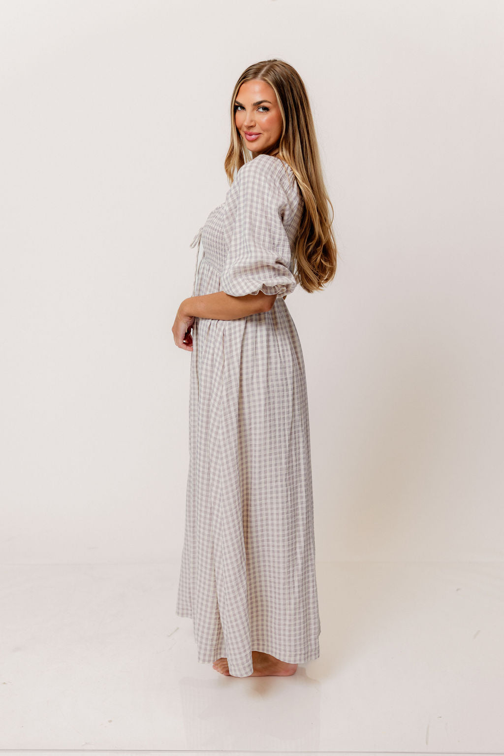 Cecilia 100% Cotton Smocked Maxi Dress in Wisteria Plaid (Lined) - Bump Friendly