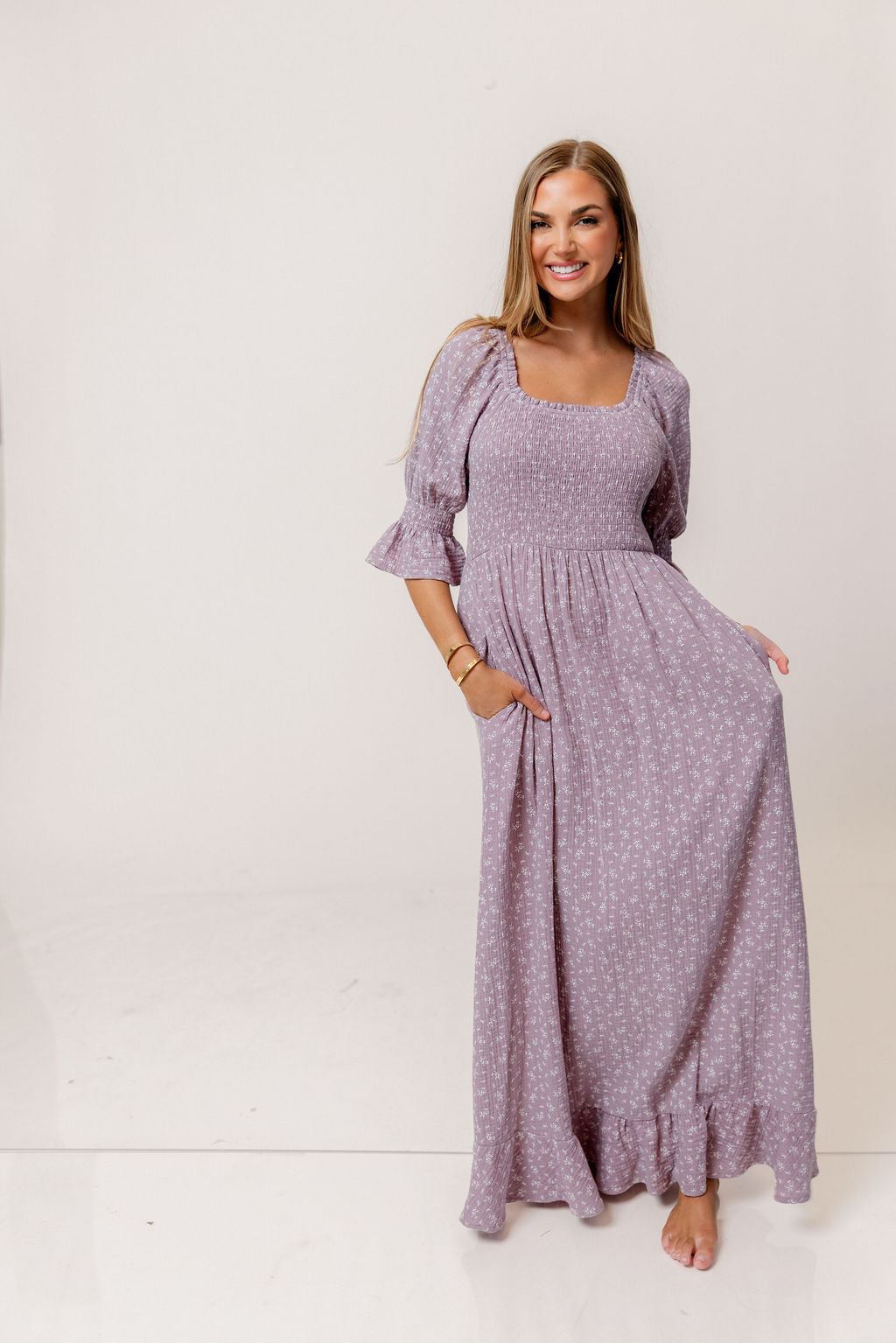Sienna 100% Cotton Puff Sleeve Maxi Dress in Wisteria Foliage - Bump Friendly