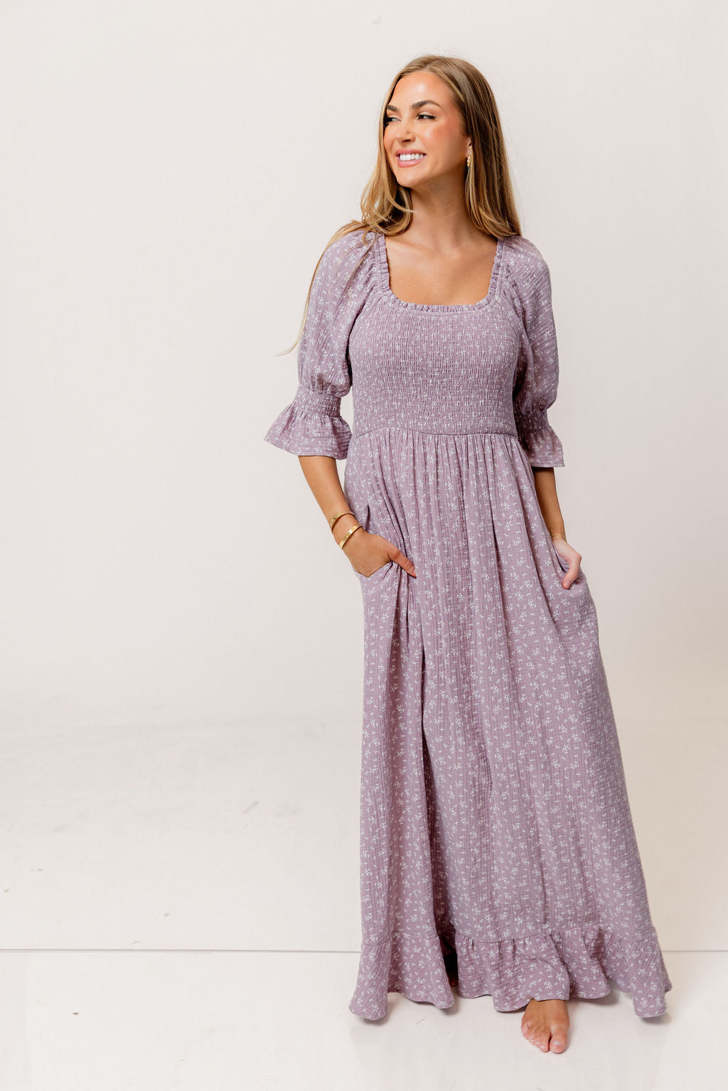Sienna 100% Cotton Puff Sleeve Maxi Dress in Wisteria Foliage - Bump Friendly