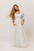 Sienna 100% Cotton Puff Sleeve Maxi Dress in Ivory Floral (Lined) - Bump Friendly