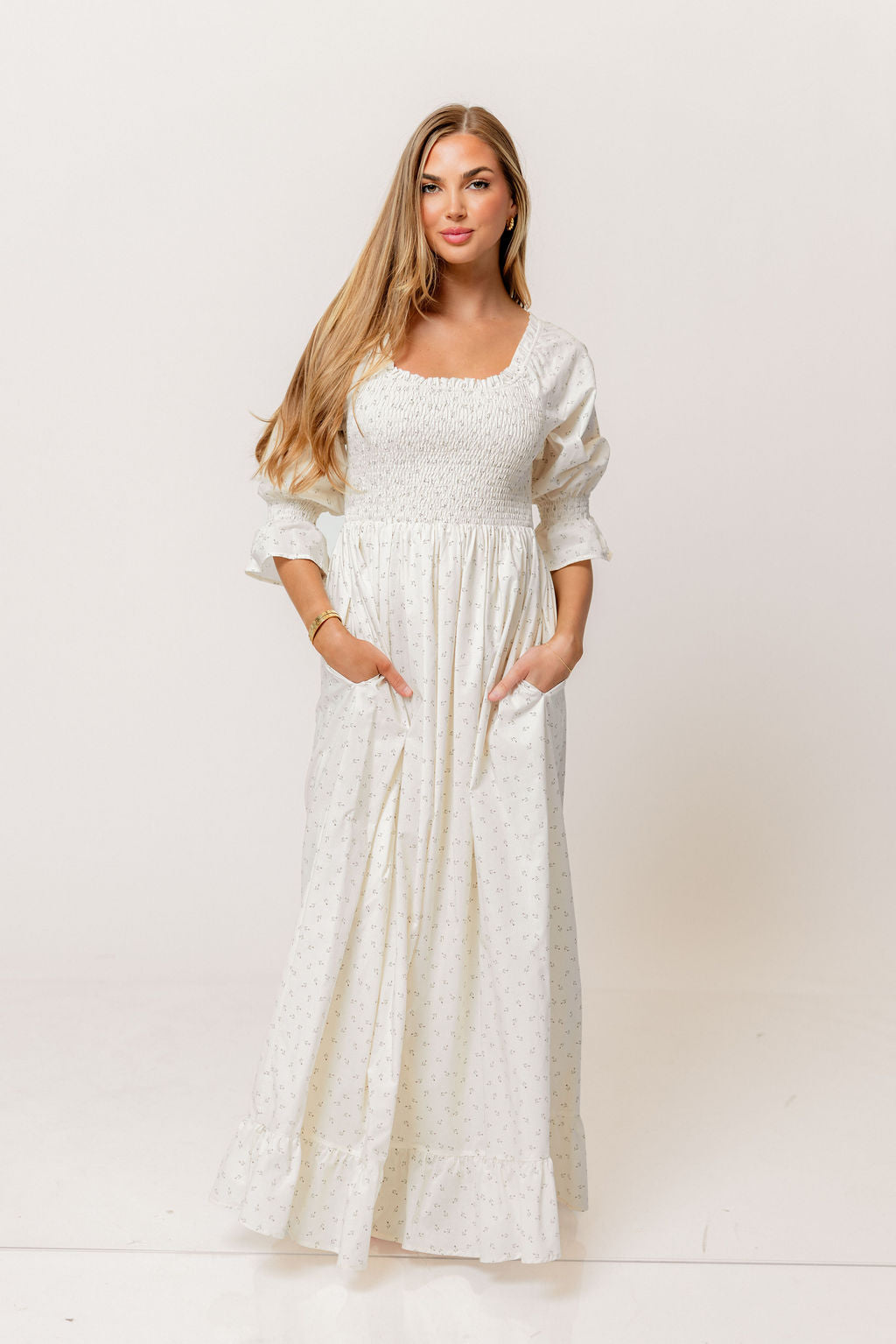 Sienna 100% Cotton Puff Sleeve Maxi Dress in Ivory Floral (Lined) - Bump Friendly