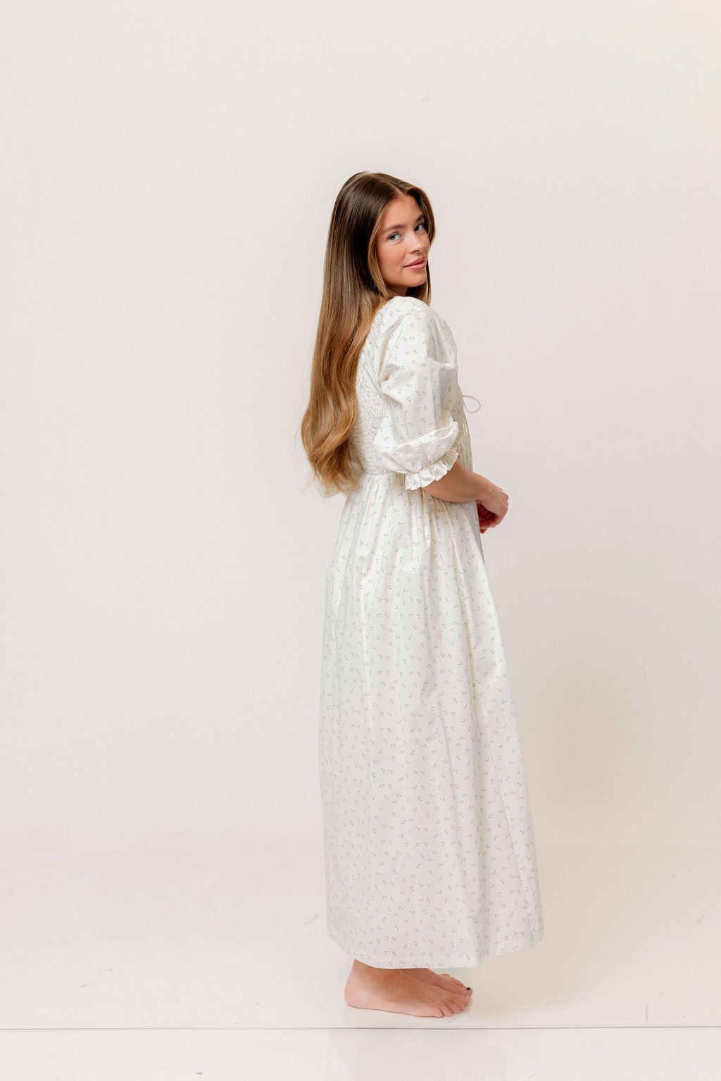 Cecilia 100% Cotton Smocked Maxi Dress in Ivory Floral (Lined) - Bump Friendly