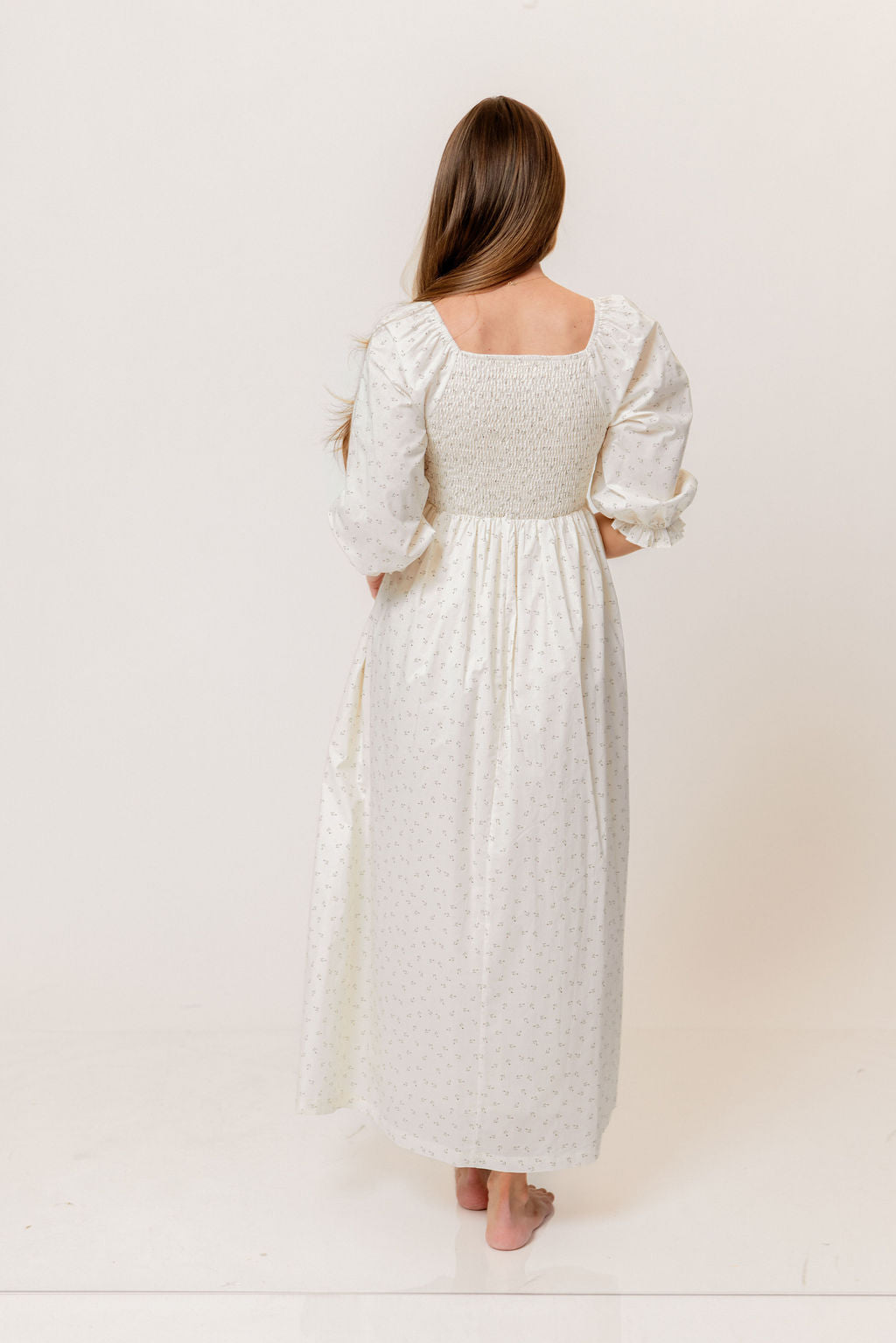 Cecilia 100% Cotton Smocked Maxi Dress in Ivory Floral (Lined) - Bump Friendly