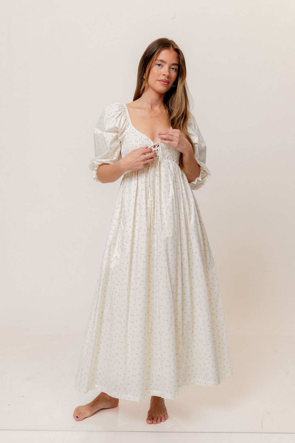 Cecilia 100% Cotton Smocked Maxi Dress in Ivory Floral (Lined) - Bump Friendly