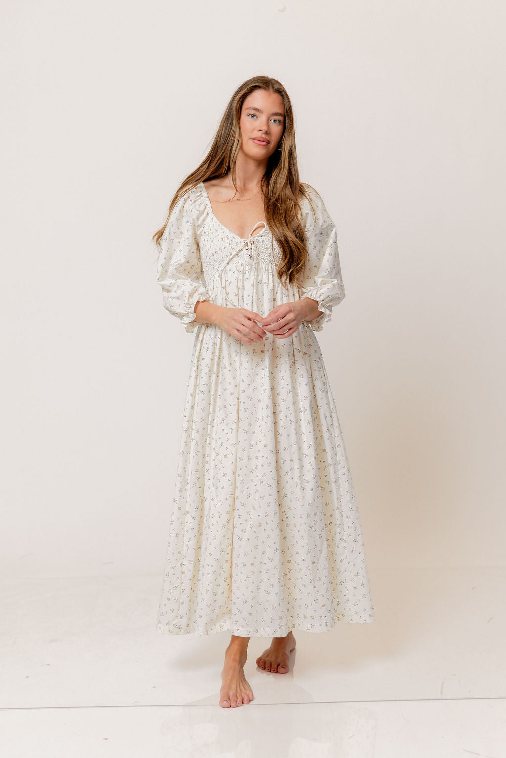 Cecilia 100% Cotton Smocked Maxi Dress in Flowery Ivory (Lined) - Bump Friendly