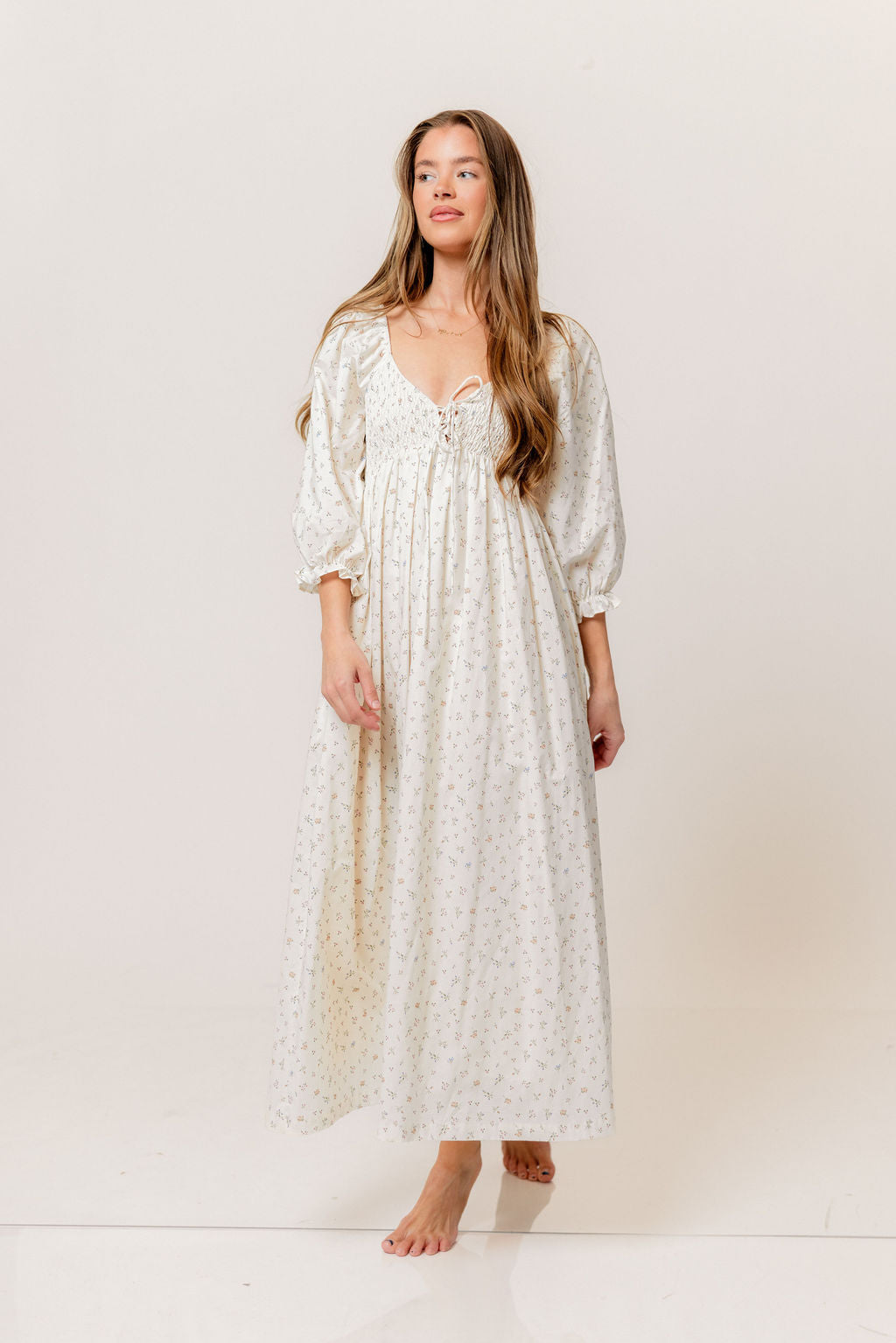 Cecilia 100% Cotton Smocked Maxi Dress in Flowery Ivory (Lined) - Bump Friendly